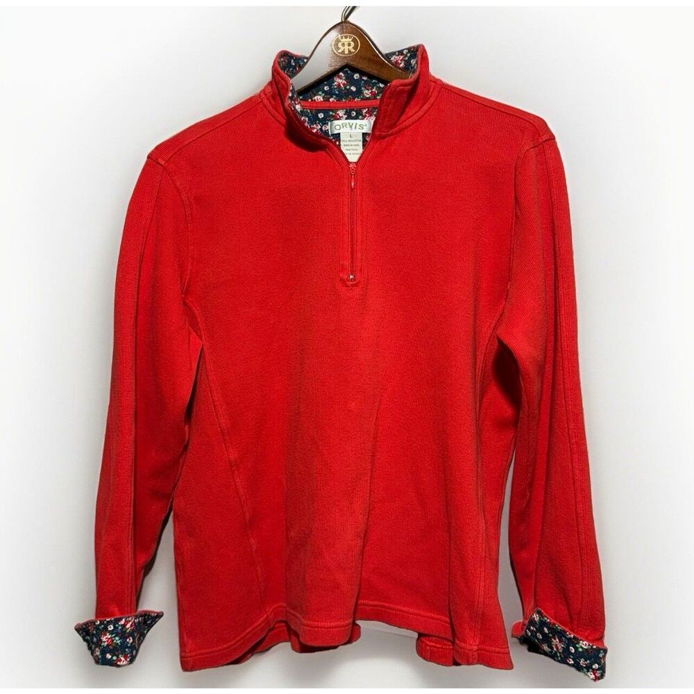 Orvis 1/4 Zip Pullover Fleece Women’s Size Large Floral Lined Collar Red